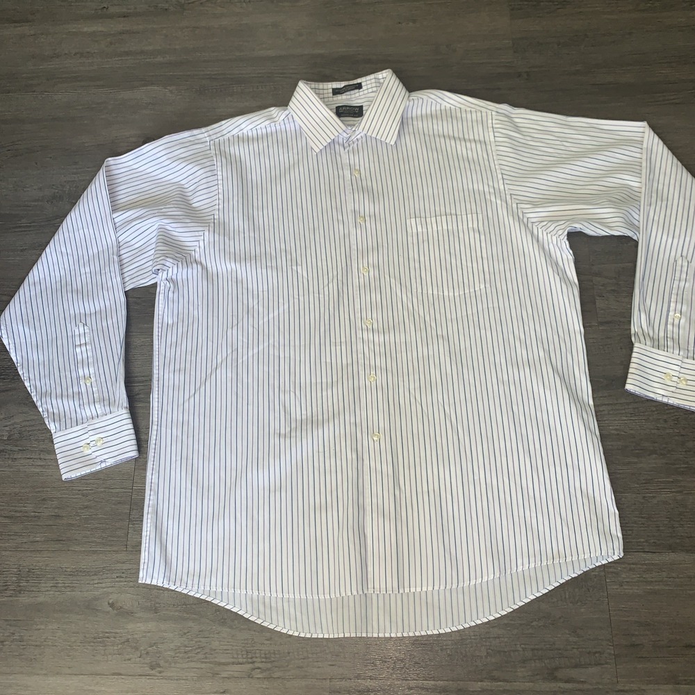 Arrow Mens White Blue Purple Striped Long Sleeve Button Up Shirt XL 17 36/37